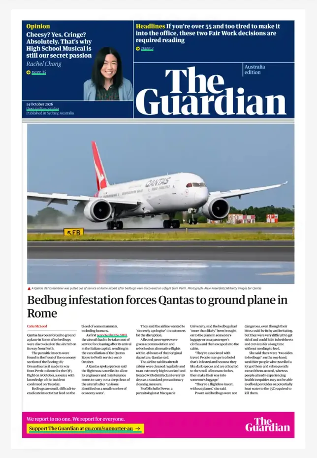 DES PUNAISES DE LIT À BORD : UN AVION DE QANTAS CLOUÉ AU SOL À ROME