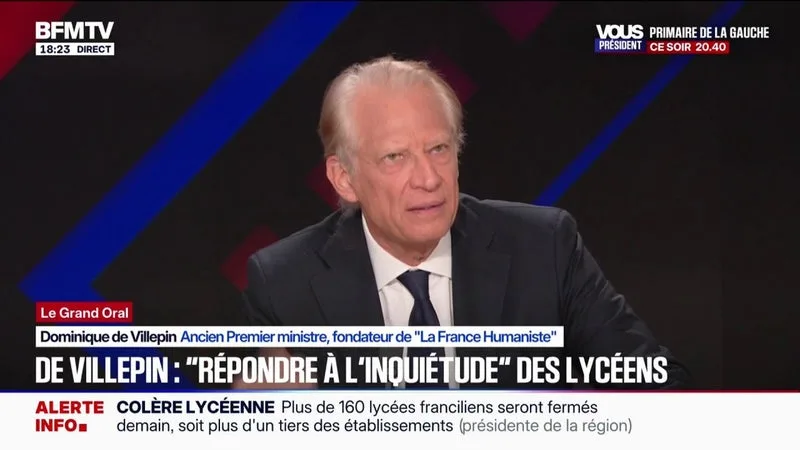 « CE MOUVEMENT SOCIAL DE LYCÉENS EST ICI OU LÀ PRIS EN OTAGE PAR UN CERTAIN NOMBRE DE GROUPUSCULES », ANALYSE DOMINIQUE DE VILLEPIN, ANCIEN PREMIER MINISTRE. « MAIS UN GOUVERNEMENT NE DOIT PAS CÉDER À LA TENTATION DE CHERCHER UN BOUC ÉMISSAIRE. »