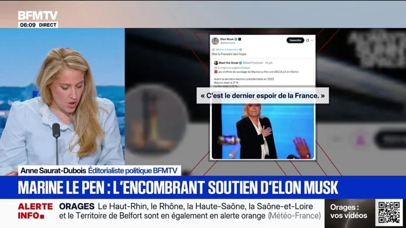 ELON MUSK APPORTE SON SOUTIEN À MARINE LE PEN ET LA QUALIFIE DE « DERNIER ESPOIR DE LA FRANCE » SUR X