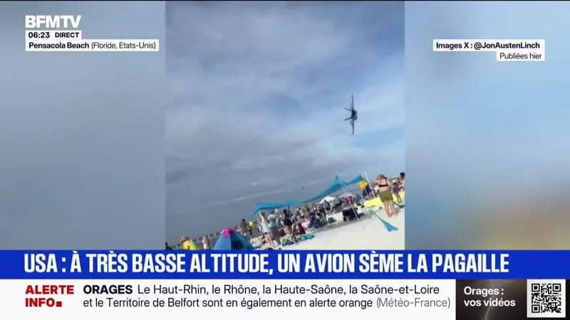 FLORIDE: UN AVION DES BLUE ANGELS, L’ÉQUIVALENT AMÉRICAIN DE LA PATROUILLE DE FRANCE, SURVOLE UNE PLAGE À TRÈS BASSE ALTITUDE