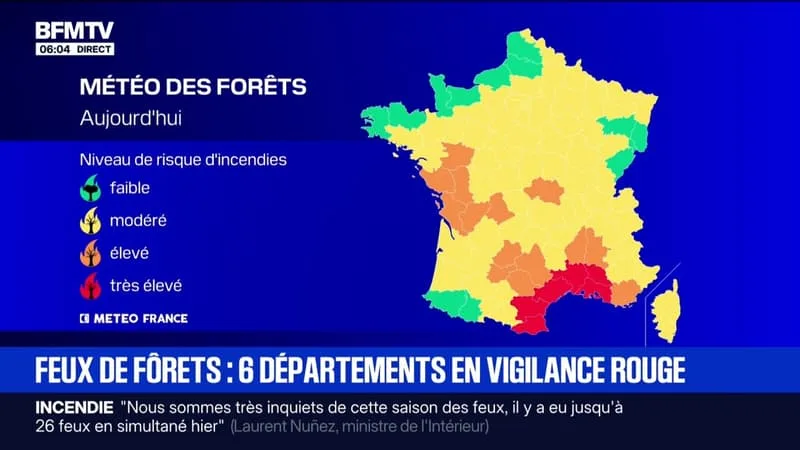 INCENDIES: 6 DÉPARTEMENTS DU SUD EN ALERTE ROUGE AUX FEUX DE FORÊT