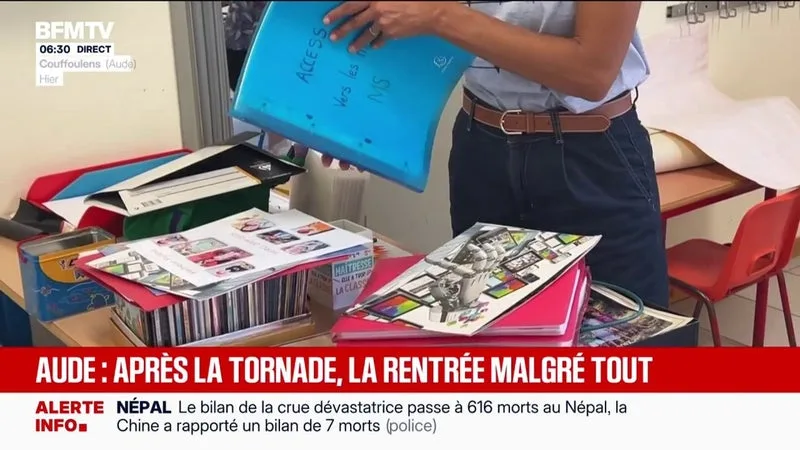 APRÈS LE PASSAGE DE LA TORNADE, L’ÉCOLE DE POMAS DANS L’AUDE, RELOCALISÉE, TENTE D’ORGANISER LA RENTRÉE, COMME SI DE RIEN N’ÉTAIT