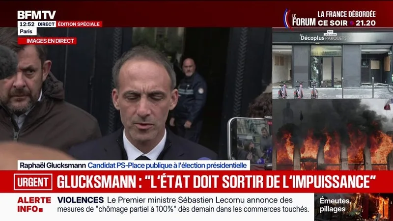 VIOLENCES ET PILLAGES: « IL FAUT DÉSORMAIS QUE L’ÉTAT SORTE DE L’IMPUISSANCE », AFFIRME RAPHAËL GLUCKSMANN, CANDIDAT PS-PLACE PUBLIQUE À L’ÉLECTION PRÉSIDENTIELLE