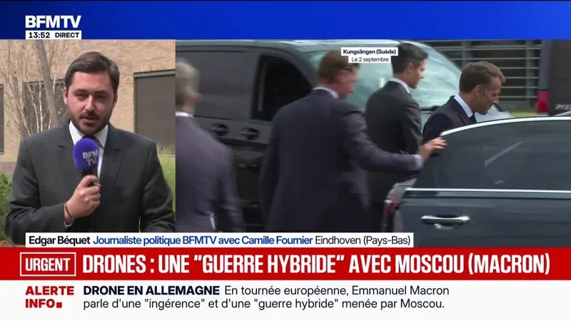 EMMANUEL MACRON PREND CETTE AFFAIRE « TRÈS AU SÉRIEUX », PARLE « D’INGÉRENCE » ET DE « GUERRE HYBRIDE », SUITE À L’INCIDENT IMPLIQUANT UN DRONE CHARGÉ D’EXPLOSIFS, DÉBUT AOÛT À L’AÉROPORT ALLEMAND DE LEIPZIG, ET QUE L’ALLEMAGNE ATTRIBUE À LA RUSSIE.