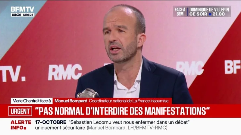 MOUVEMENTS SOCIAUX: MANUEL BOMPARD, COORDINATEUR NATIONAL DE LA FRANCE INSOUMISE, NE TROUVE “PAS NORMAL D’INTERDIRE (DES) MANIFESTATIONS”