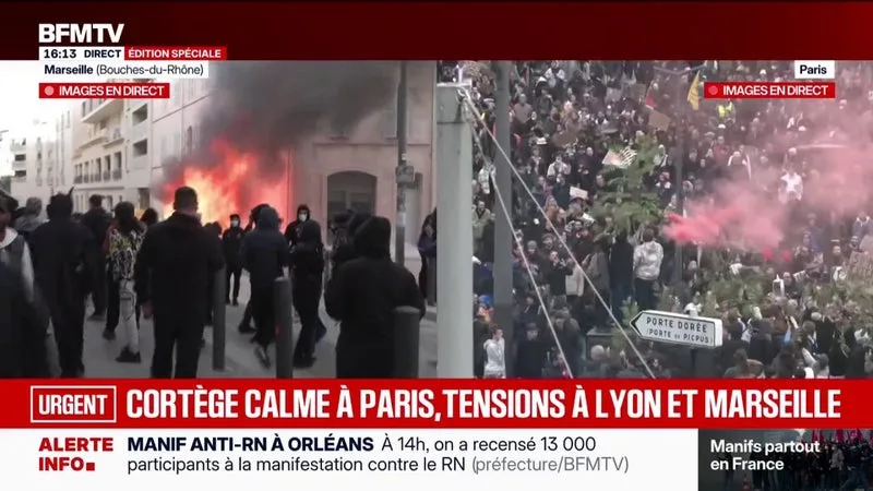 MANIFESTATIONS DU 24 OCTOBRE: SITUATION COMPLIQUÉE À MARSEILLE, DES POUBELLES INCENDIÉES