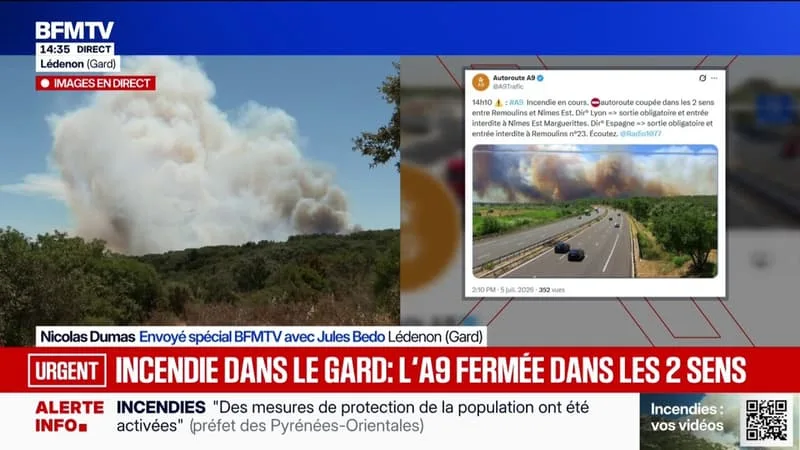 INCENDIE DANS LE GARD: L’AUTOROUTE A9 FERMÉE DANS LES DEUX SENS