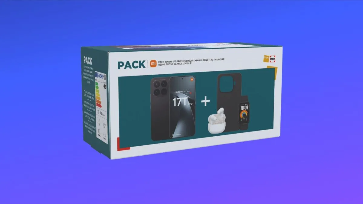 DARTY RETIRE 200 € SUR CE PACK XIAOMI COMPLET AVEC SMARTPHONE 17T PRO, ÉCOUTEURS REDMI BUDS 8 ET BRACELET SMART BAND 11 ACTIVE