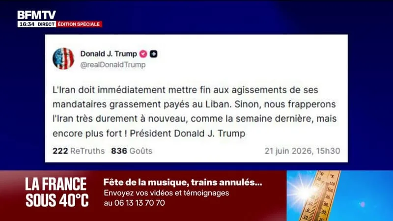 DONALD TRUMP MENACE DE FRAPPER L’IRAN SI LE PAYS « NE MET PAS FIN AUX AGISSEMENTS DE SES MANDATAIRES AU LIBAN »