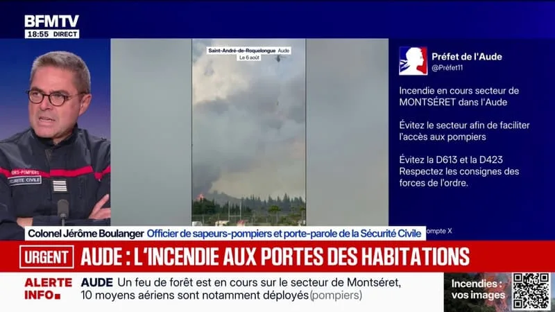 INCENDIE DANS L’AUDE: « ON A BON ESPOIR QUE LA SITUATION PUISSE S’AMÉLIORER RAPIDEMENT », JUGE JÉRÔME BOULANGER, PORTE-PAROLE DE LA SÉCURITÉ CIVILE