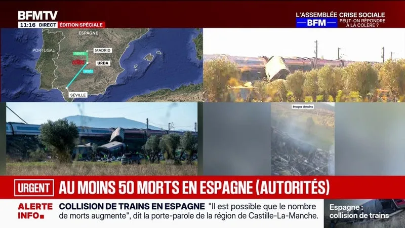 AU MOINS CINQUANTE MORTS EN ESPAGNE APRÈS LA COLLISION ENTRE DEUX TRAINS SELON LES AUTORITÉS RÉGIONALES