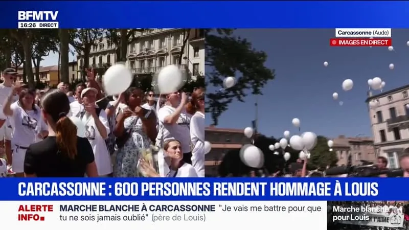 À CARCASSONNE, UN LÂCHER DE BALLON À LA FIN DE LA MARCHE BLANCHE EN HOMMAGE À LOUIS, LYNCHÉ À MORT